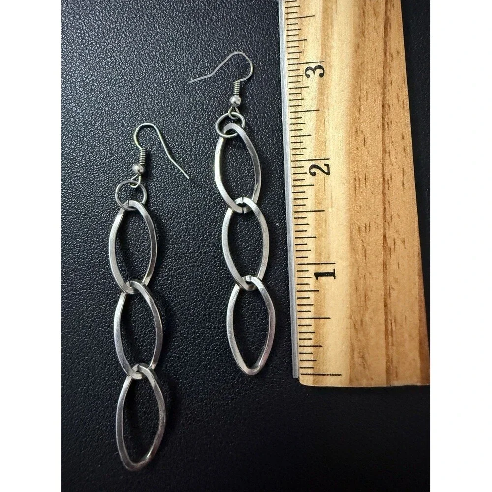 Womens Earrings Long Chain Link Silver Tone French Wire Pierced Dangle Approx 3”